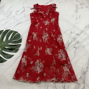 Sangria Womens Vintage Y2k Slip Dress Size 10 Red Tan Floral Tie Sleeve
